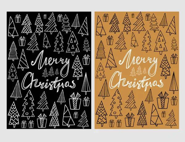 Conjunto de dos plantillas de tarjetas navideñas con árboles de Navidad dibujados a mano y letras con fondo negro y dorado. Ilustración vectorial — Vector de stock