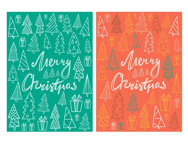 Набор из двух шаблонов праздничных открыток с нарисованными вручную елками и буквами. Векторная миграция — стоковый вектор