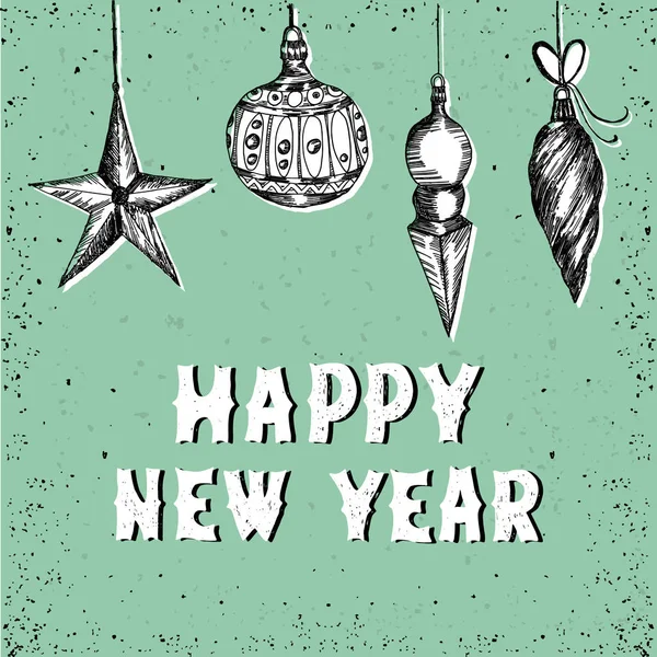 Mutlu tatil tebrik kartı el ile Noel süsleri çizilmiş. Arka plan stili oyma içinde Noel ağacı oyuncaklar ile tebrik vintage. Vektör çizim