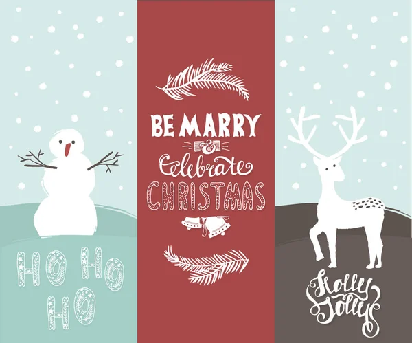 Установить og три праздничные карты с нарисованным вручную снеговиком, олень. Симпатичный C — стоковый вектор