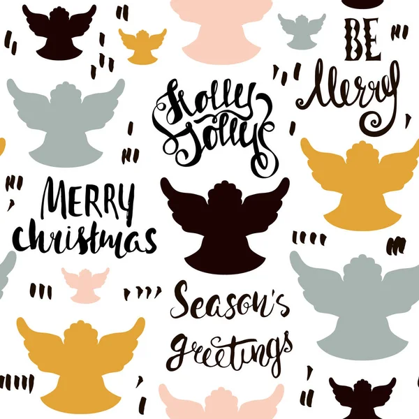 Bezszwowe wakacje ręcznie rysowane wzór z Boże Narodzenie anioły i odręczny napis. Ilustracja wektorowa — Wektor stockowy