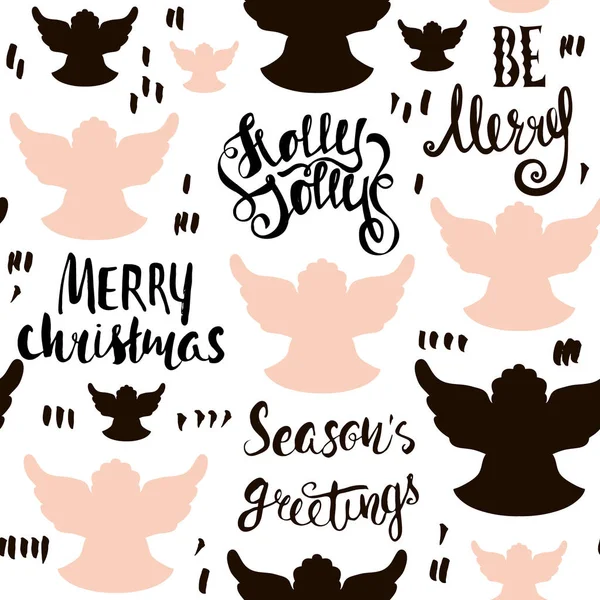 Bezszwowe wakacje ręcznie rysowane wzór z Boże Narodzenie anioły i odręczny napis. Ilustracja wektorowa — Wektor stockowy