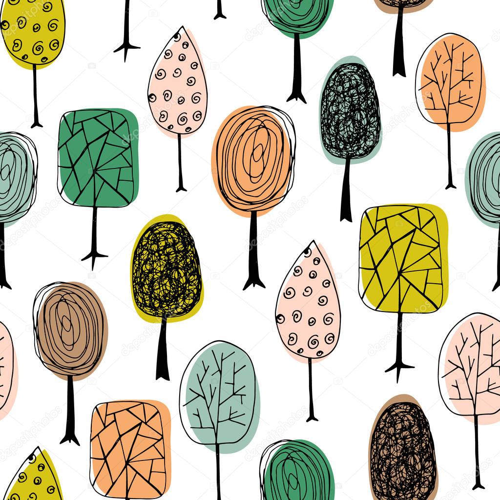 Seamless texture with hand drawn trees. Endless hand drawn autumn pattern. Template for design textile, fabric, backgrounds, packages, wrapping paper. Vector Illustration