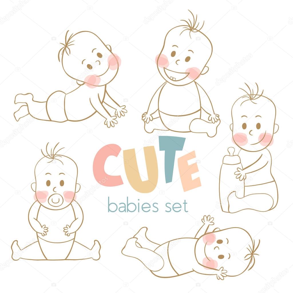 Cute little babies. Newborn baby icon. Smiling cartoon kids set. It can be used for baby shower cards, packaging design baby products, etc. Vector Illustration