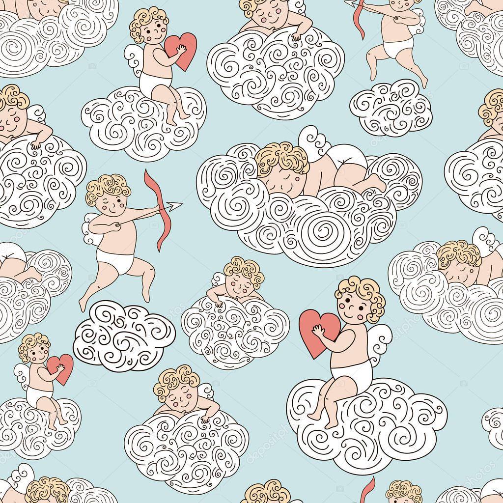 Cute Pattern With Angels On Clouds Hand Drawn Sleeping Angel Angel