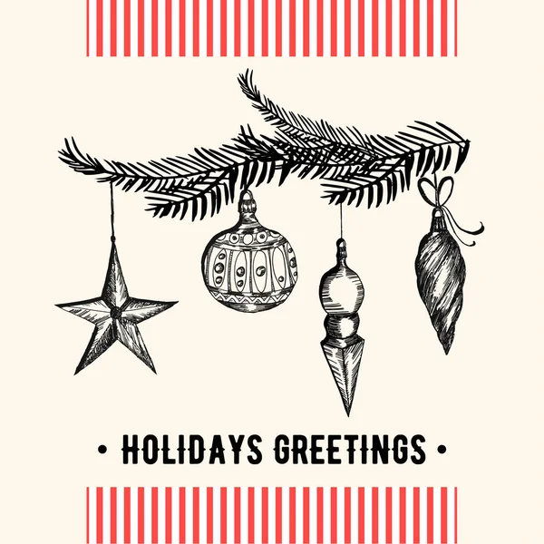 Vintage Χριστουγεννιάτικη κάρτα. Κάρτα Χριστουγέννων και των εορτών με Χριστουγεννιάτικη διακόσμηση σε στυλ ρετρό. Εικονογράφηση διάνυσμα — Διανυσματικό Αρχείο