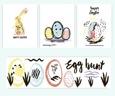 Elle çizilmiş yaratıcı paskalya kartlarınız kutlu olsun. Tavşanlı ve yumurtalı Paskalya arkaplanı. Paskalya Vektörü tebrik kartı.