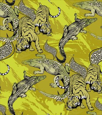 Timsah ve kaplan deseni. Vektör çizimi. Kumaş, ambalaj kağıdı ve benzeri şeyler için uygun.