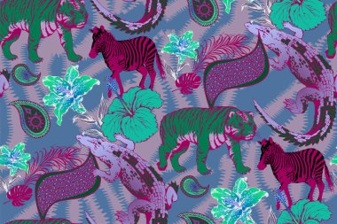 Zebra ve kaplan deseni. Kumaş, ambalaj kağıdı ve benzeri şeyler için uygun. Vektör illüstrasyonu