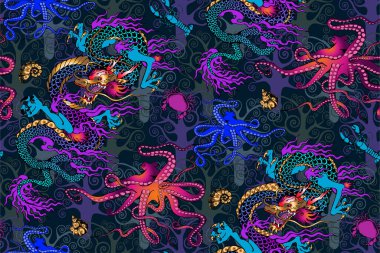 Ahtapot ve deniz yolculuklarının soyut desenleri. Vektör çizimi. Kumaş, ambalaj kağıdı, duvar resmi ve benzeri şeyler için uygun.