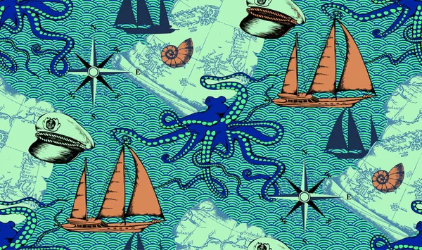 章鱼和海上航行的摘要模式 矢量图解 适用于面料 包装纸 壁画等 — 图库矢量图片