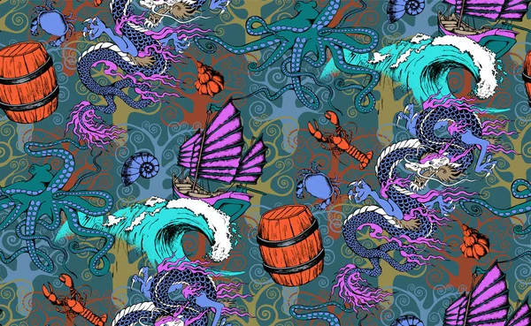Abstract Patroon Van Octopus Zeereizen Vector Illustratie Geschikt Voor Weefsels — Stockvector