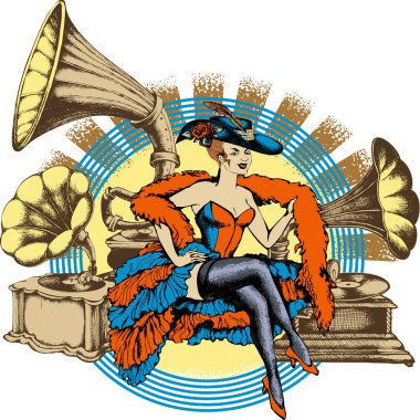 Burlesque dansçısı ve gramofon. İşlemeli stil. Vektör illüstrasyonu 