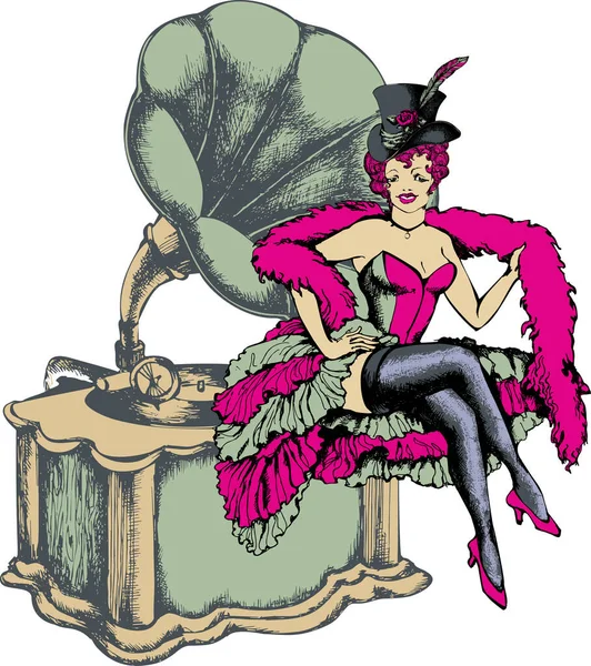 Danseuse Burlesque Gramophone Style Gravé Illustration Vectorielle — Image vectorielle