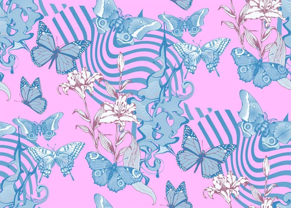 Фантастические Цветы Бабочки Бесшовный Шаблон Векторная Иллюстрация Подходит Кондиционеров Оберточной — стоковый вектор