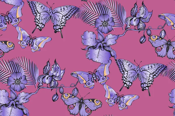 Fantásticas Flores Mariposas Patrón Sin Costuras Ilustración Vectorial Adecuado Para — Vector de stock