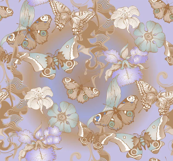 幻想的な花や蝶 シームレスなパターン ベクトルイラスト 包装紙などに適しています — ストックベクタ