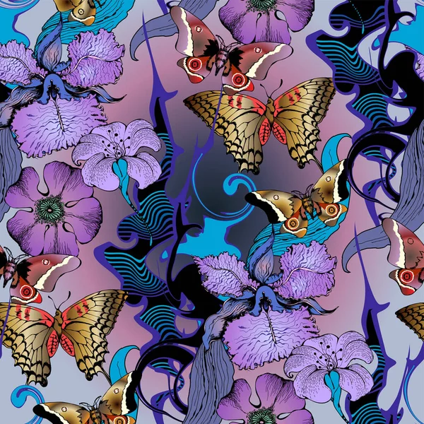 Фантастические Цветы Бабочки Бесшовный Шаблон Векторная Иллюстрация Подходит Кондиционеров Оберточной — стоковый вектор