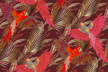 Kusursuz papağan ve çiçek deseni. Kumaş, ambalaj kağıdı ve benzeri şeyler için uygun. Vektör illüstrasyonu