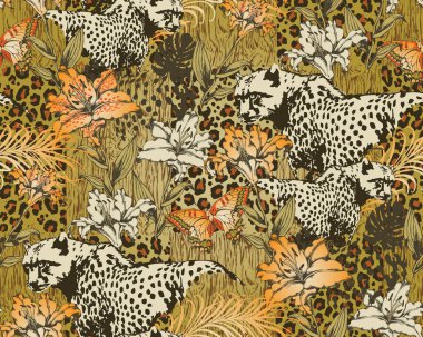 Kusursuz leopar deseni. Vektör çizimi. Kumaş, ambalaj kağıdı ve benzeri şeyler için uygun.. 