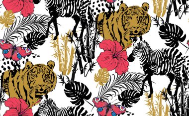 Zebra ve kaplan deseni. Kumaş, ambalaj kağıdı ve benzeri şeyler için uygun. Vektör illüstrasyonu
