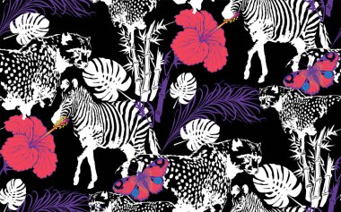 Zebra ve çiçeklerin kusursuz deseni. Kumaş, ambalaj kağıdı ve benzeri şeyler için uygun. Vektör illüstrasyonu