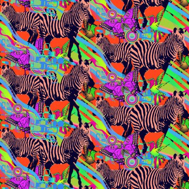 Zebra ve çiçeklerin kusursuz deseni. Kumaş, ambalaj kağıdı ve benzeri şeyler için uygun. Vektör illüstrasyonu