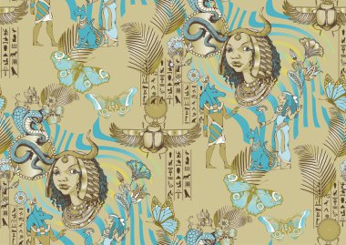 Eski Mısır motifleriyle kusursuz bir desen. Vektör çizimi. Kumaş, duvar resmi, ambalaj kağıdı ve benzeri şeyler için uygun.