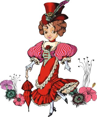 1890 tarzı giyinmiş tatlı bir kız. Vektör çizimi. Tebrik, kart, kız tişörtü gibi şeyler için iyi bir tasarım..