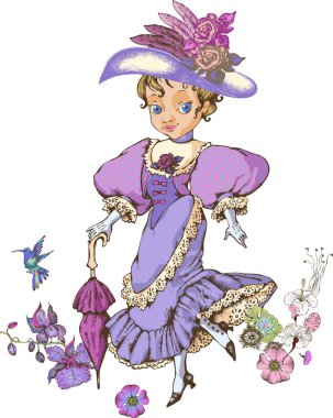 1890 tarzı giyinmiş tatlı bir kız. Vektör çizimi. Tebrik, kart, kız tişörtü gibi şeyler için iyi bir tasarım..