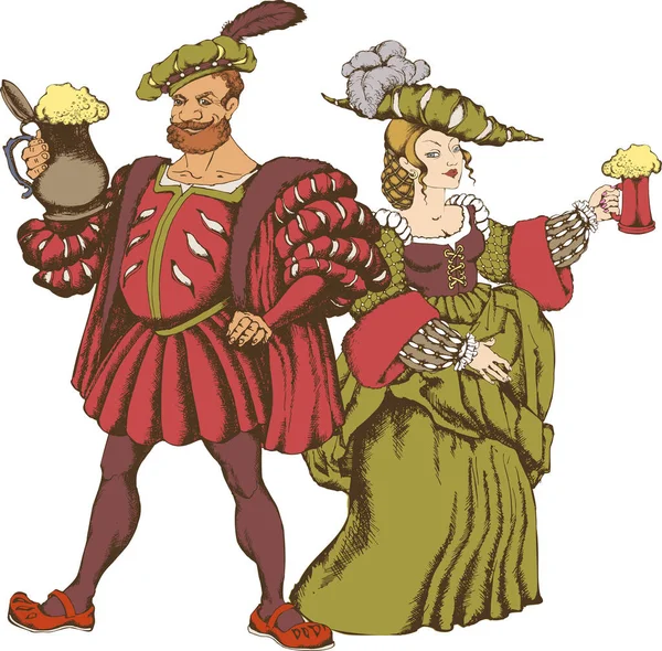 Mittelalterlicher Kavalier Und Hübsches Mädchen Mit Bierkrügen Gravierter Stil Vektorillustration — Stockvektor