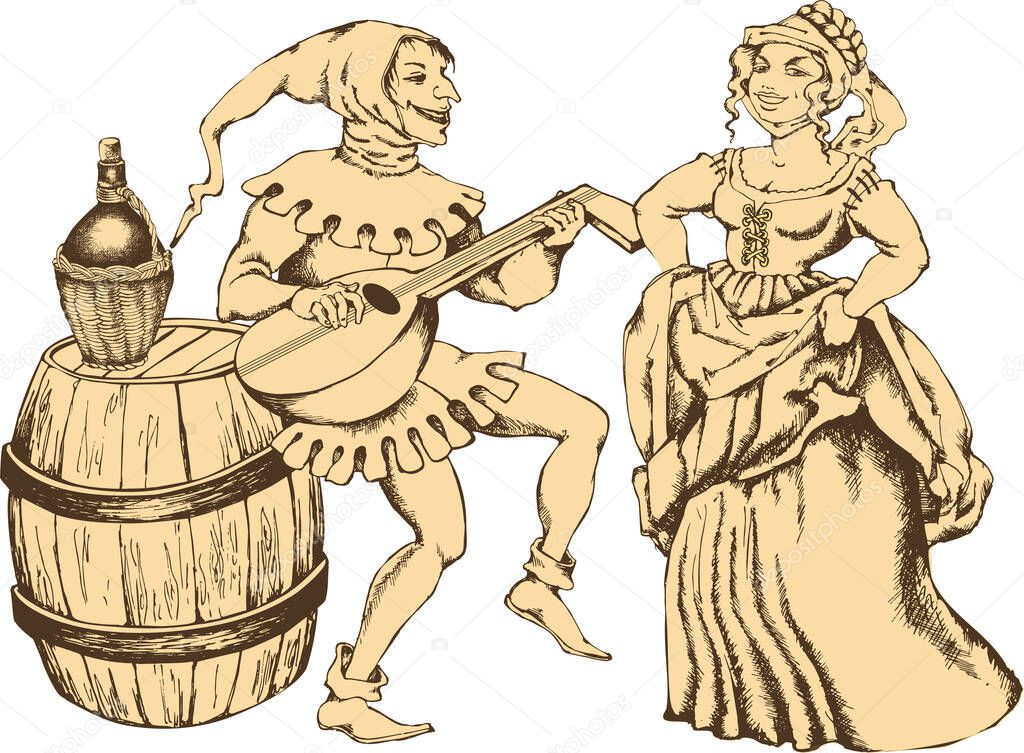 Medieval juggler and pretty girl. Engraved style. Vector illustration