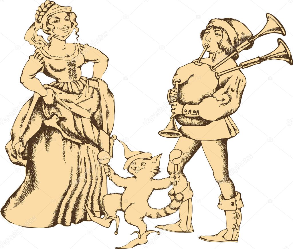 Medieval juggler and pretty girl. Engraved style. Vector illustration