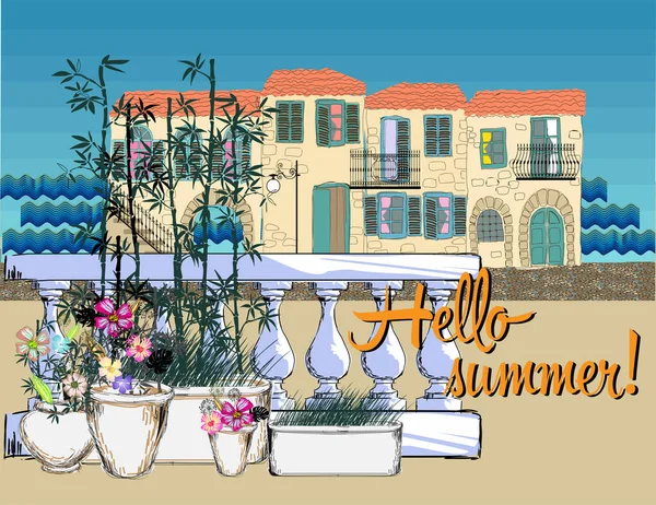 Typical Mediterranean Beach Town Vector Illustration Wallpaper Banner Background Card — Stock Vector