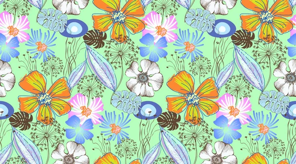 Fantastic Popies Butterflies Seamless Border Vector Illustration Suitable Fabric Mural — Stock Vector