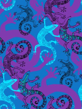 Kertenkele. Çizim ilkel insanların sanatı olarak biçimlendirildi. Vektör çizimi. Kusursuz desen. Vektör çizimi. Kumaş, ambalaj kağıdı, dijital kağıt, duvar kağıdı ve benzeri şeyler için uygun