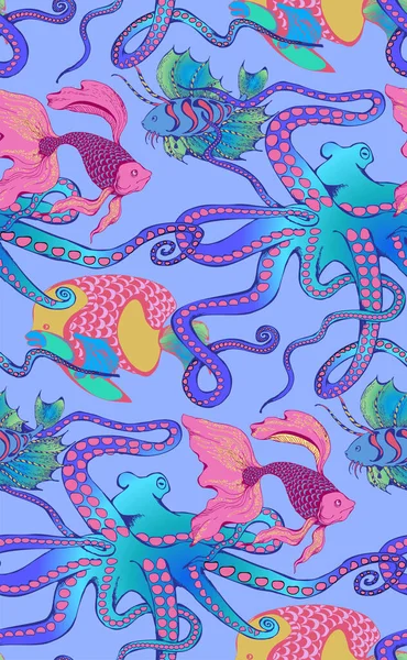 Muster Von Fantastischen Fischen Und Kraken Vektorillustration Geeignet Für Stoff — Stockvektor