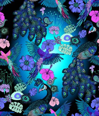 Kusursuz papağan deseni, tavus kuşu ve çiçek deseni. Kumaş, ambalaj kağıdı ve benzeri şeyler için uygun. Vektör illüstrasyonu