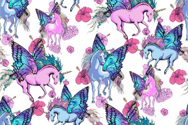 Sihirli Tekboynuz. Kusursuz desen. Vektör çizimi. Kumaş, duvar resmi, ambalaj kağıdı ve benzeri şeyler için uygun. Çocuk odasının tasarımına bakmak iyi olacak - tasarım perdeleri, duvar kağıtları, mobilyalar için kumaşlar.