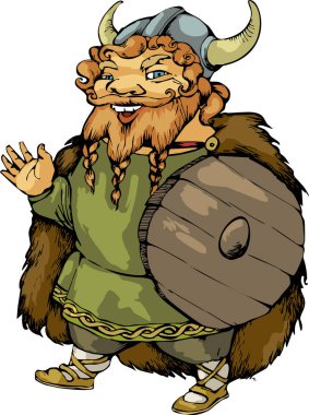 Boynuzlu miğferli ve kalkanlı bir Viking. Çizgi film. Vektör illüstrasyonu