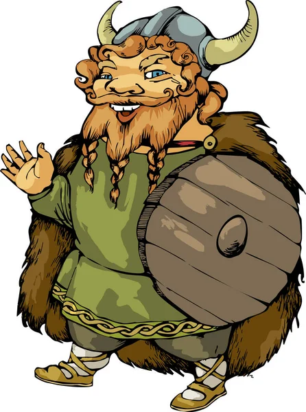 Viking Dans Casque Cornes Avec Bouclier Caricature Illustration Vectorielle — Image vectorielle