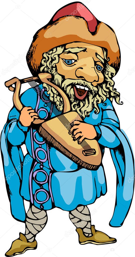 Skald. In ancient Scandinavia a composer and reciter of poems honoring heroes and their deeds. Cartoon. Vector illustration