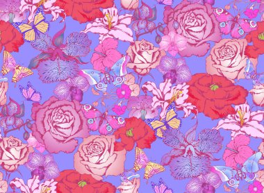 Harika çiçekler ve kelebekler. Kusursuz sınır. Vektör çizimi. Kumaş, duvar resmi, ambalaj kağıdı ve benzeri şeyler için uygun.