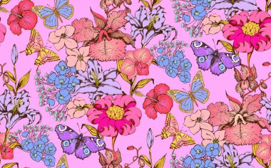 Harika çiçekler ve kelebekler. Kusursuz sınır. Vektör çizimi. Kumaş, duvar resmi, ambalaj kağıdı ve benzeri şeyler için uygun.