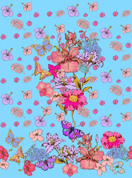 Fantastische Blumen Und Schmetterlinge Nahtlose Grenze Vektorillustration Geeignet Für Stoff — Stockvektor
