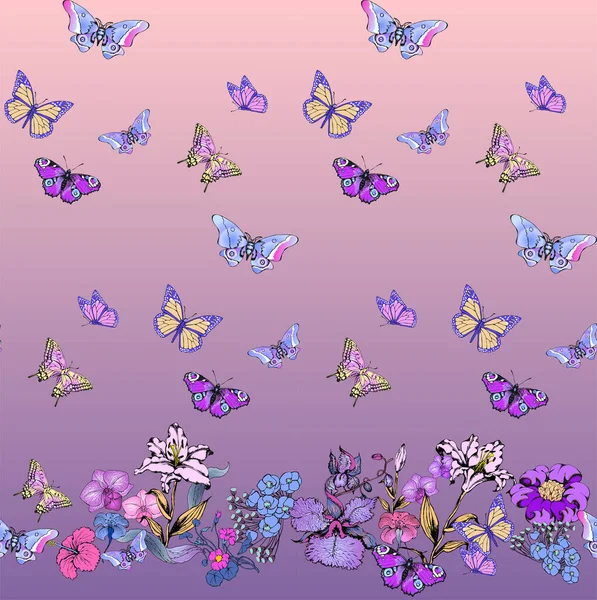 幻想的な花や蝶 国境はシームレスだ ベクトルイラスト ファブリック 包装紙などに適しています — ストックベクタ