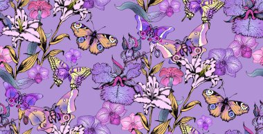  Harika çiçekler ve kelebekler. Kusursuz sınır. Vektör çizimi. Kumaş, duvar resmi, ambalaj kağıdı ve benzeri şeyler için uygun.