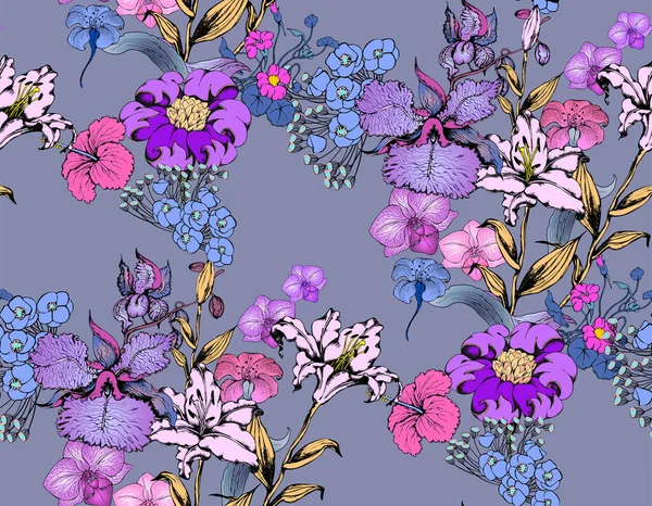 Fantastische Blumen Und Schmetterlinge Nahtlose Grenze Vektorillustration Geeignet Für Stoff — Stockvektor