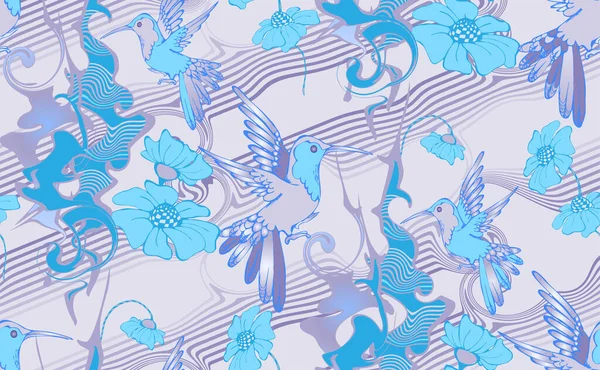 Fantastische Blumen Und Kolibri Nahtloses Muster Vektorillustration Geeignet Für Stoff — Stockvektor