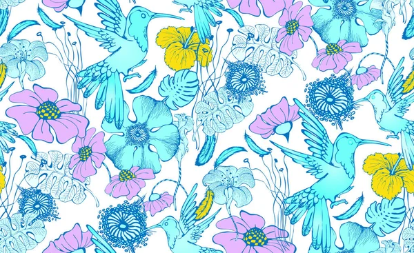 Fantastische Blumen Und Kolibri Nahtloses Muster Vektorillustration Geeignet Für Stoff — Stockvektor